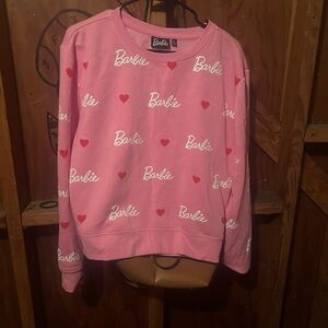 Barbie Pink Crew Neck Sweater with Heart Accents and Barbie Calligraphy